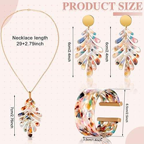 Colorful necklace, earrings, and bracelet set with product size details.