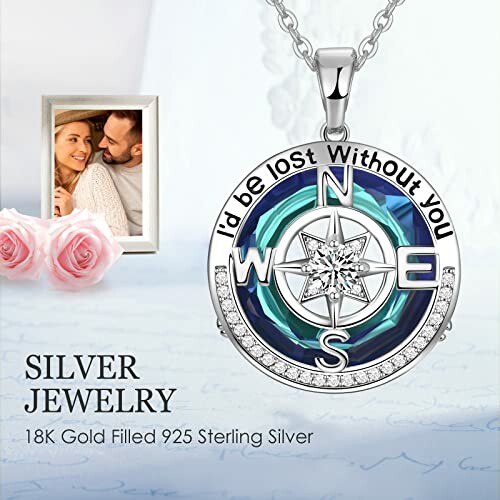 Compass rose necklace with couple photo and silver jewelry text.