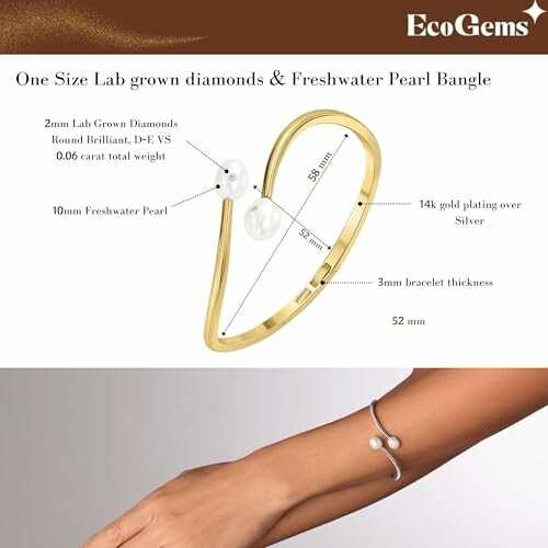 EcoGems lab-grown diamond and freshwater pearl bangle with gold plating.