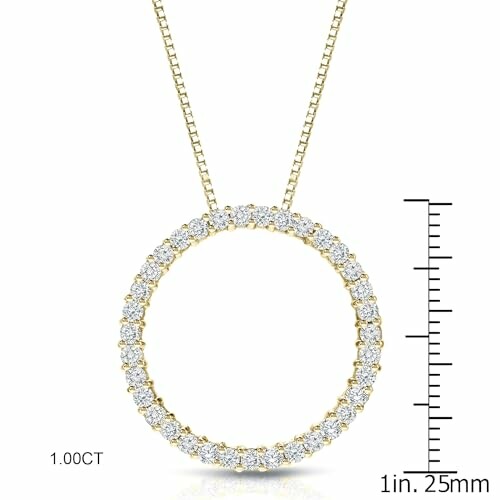 Gold necklace with diamond circle pendant and size scale.