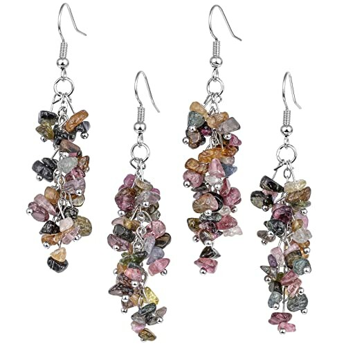 Four pairs of multicolor stone dangle earrings.