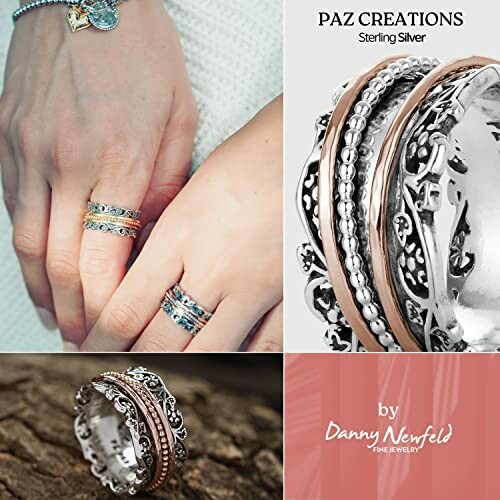 Sterling silver and rose gold stacking rings by Paz Creations.