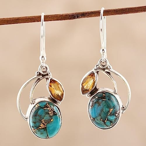 Silver earrings with turquoise and amber gemstones