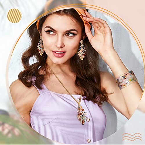 Woman wearing colorful jewelry with a lavender top and orange headband.